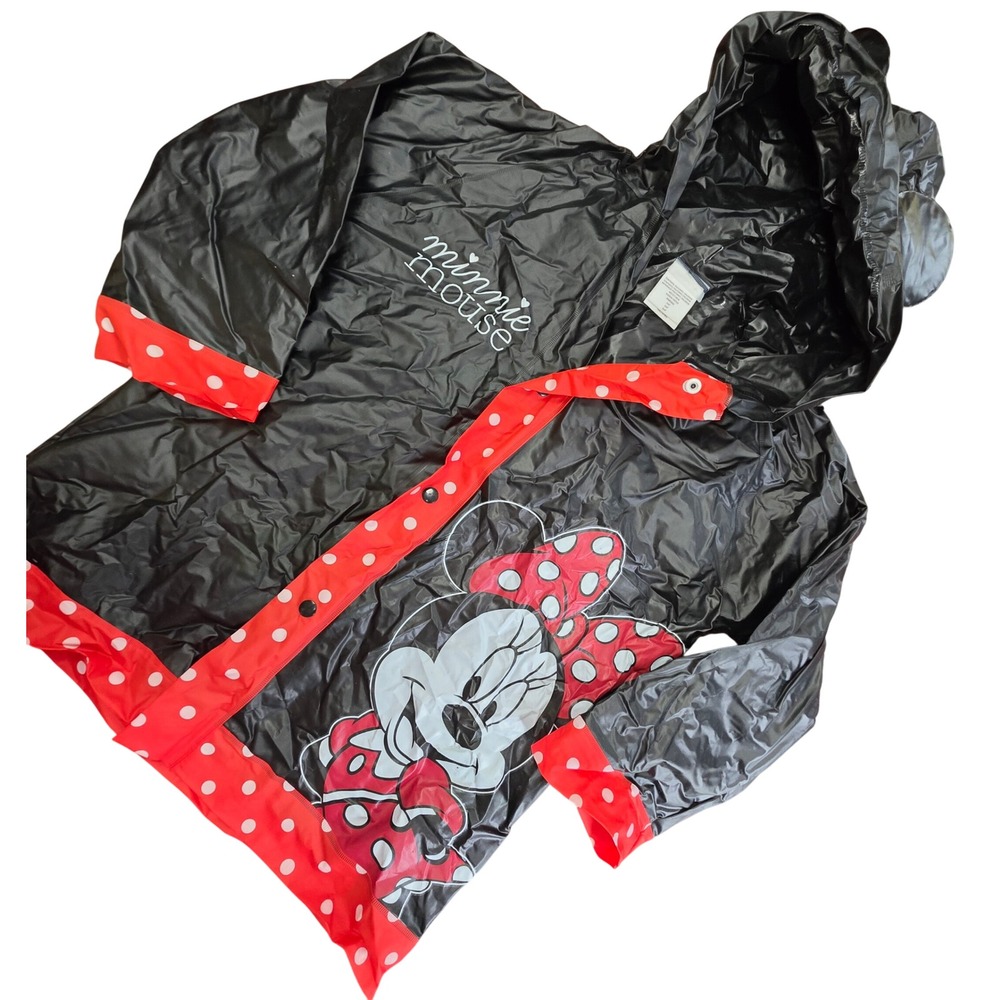 Disney Minnie Mouse Raincoat Girls Black Red Polka Dot Hooded Ears Bow 2-4T